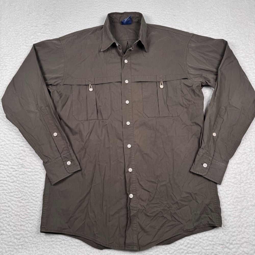 Bills Khakis Sport Shirt Men M Green Nylon Blend Roll Tab Sleeves Hunt Fish Hike